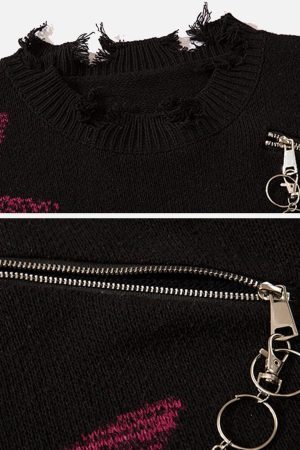 Concert Outfit Irregular Ripped Skeleton Zipper Chain Knit Sweater