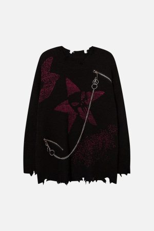 Concert Outfit Irregular Ripped Skeleton Zipper Chain Knit Sweater