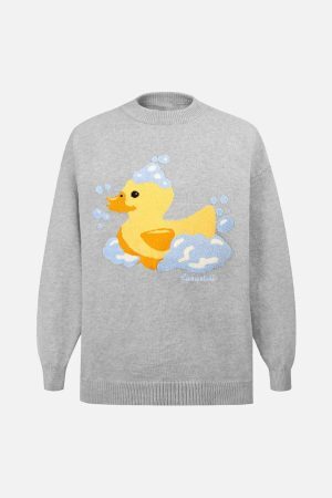 Concert Outfit Jacquard Bathing Duck Crewneck Sweater