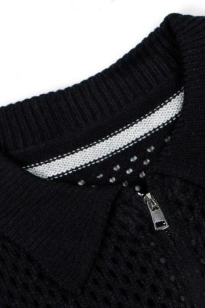 Concert Outfit Jacquard Mesh Knit Zipper Polo Sweater