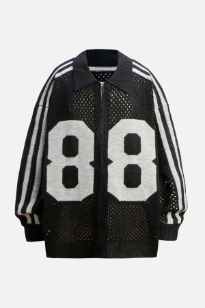 Concert Outfit Jacquard Mesh Knit Zipper Polo Sweater