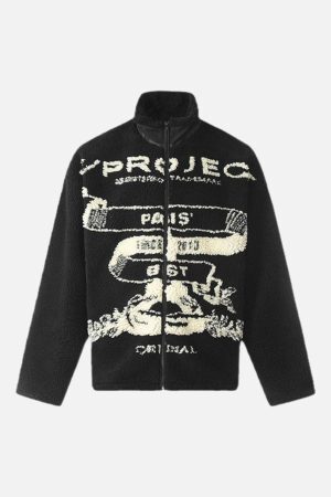Concert Outfit Jacquard Stand Collar Sherpa  Jacket