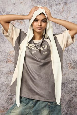 Concert Outfit Jersey Deconstructed Contrast Color Stitching Print T-Shirt