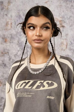 Concert Outfit Jersey Deconstructed Contrast Color Stitching Print T-Shirt