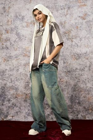 Concert Outfit Jersey Deconstructed Contrast Color Stitching Print T-Shirt