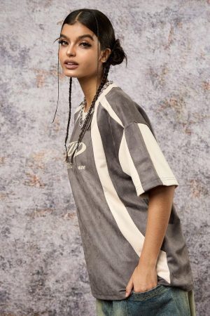 Concert Outfit Jersey Deconstructed Contrast Color Stitching Print T-Shirt