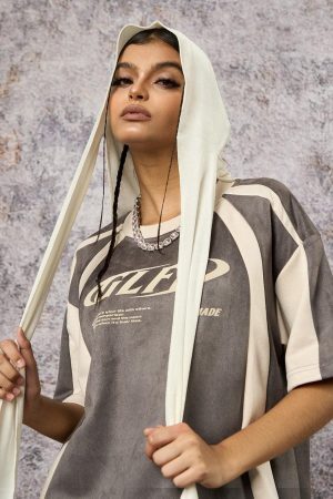 Concert Outfit Jersey Deconstructed Contrast Color Stitching Print T-Shirt