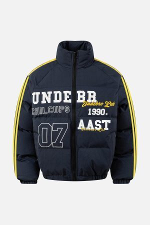 Concert Outfit Jersey Stand Collar Embroidered Quilted Puffer Jacket