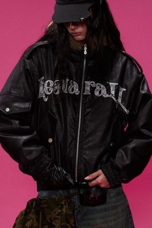 Concert Outfit Lace Lettering Fur Hooded Leather Quited Jacket