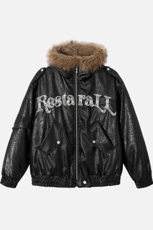 Concert Outfit Lace Lettering Fur Hooded Leather Quited Jacket