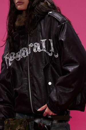 Concert Outfit Lace Lettering Fur Hooded Leather Quited Jacket