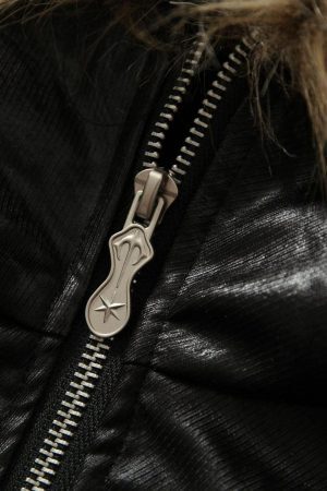 Concert Outfit Lace Lettering Fur Hooded Leather Quited Jacket