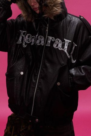 Concert Outfit Lace Lettering Fur Hooded Leather Quited Jacket