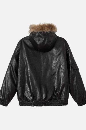 Concert Outfit Lace Lettering Fur Hooded Leather Quited Jacket