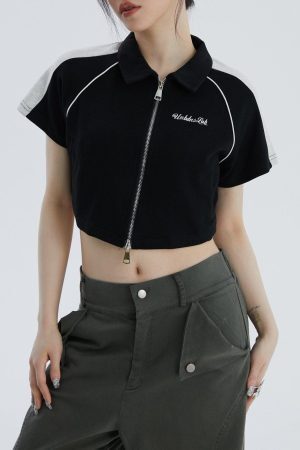 Concert Outfit Lapel Zipper Colorblock Tee