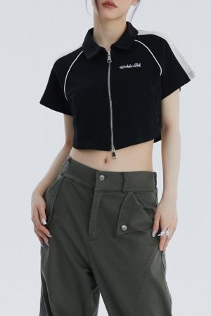 Concert Outfit Lapel Zipper Colorblock Tee