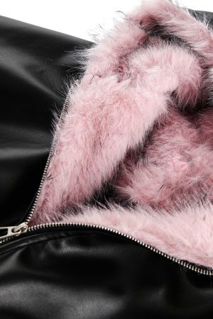 Concert Outfit Leather Pink Fur Hooded Quilted Jacket