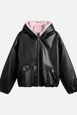 Concert Outfit Leather Pink Fur Hooded Quilted Jacket