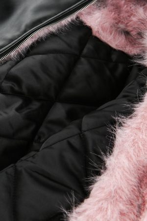 Concert Outfit Leather Pink Fur Hooded Quilted Jacket