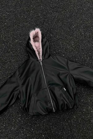 Concert Outfit Leather Pink Fur Hooded Quilted Jacket