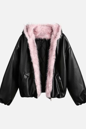 Concert Outfit Leather Pink Fur Hooded Quilted Jacket