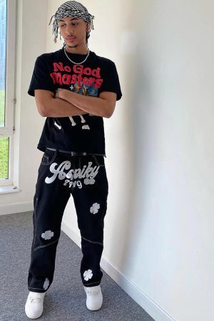 Concert Outfit Letter Lucky Clover Embroidered Baggy Jeans