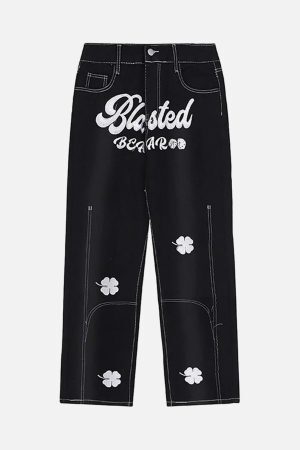 Concert Outfit Letter Lucky Clover Embroidered Baggy Jeans