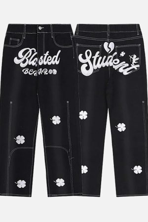 Concert Outfit Letter Lucky Clover Embroidered Baggy Jeans