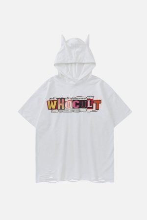 Concert Outfit Letter Print Ripped Hooded Tee