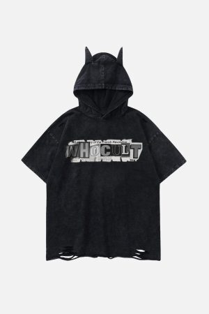 Concert Outfit Letter Print Ripped Hooded Tee