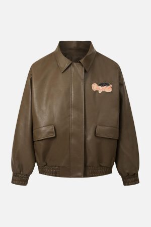 Concert Outfit Lettering Embroidered Leather Bomber Jacket