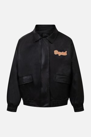 Concert Outfit Lettering Embroidered Leather Bomber Jacket