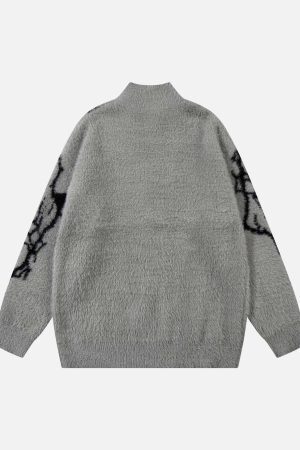 Concert Outfit Lightning Graphic Imitation Mink Fur Zip Up Sweater