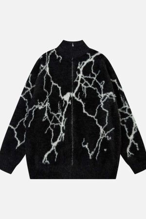 Concert Outfit Lightning Graphic Imitation Mink Fur Zip Up Sweater