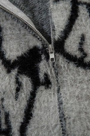 Concert Outfit Lightning Graphic Imitation Mink Fur Zip Up Sweater