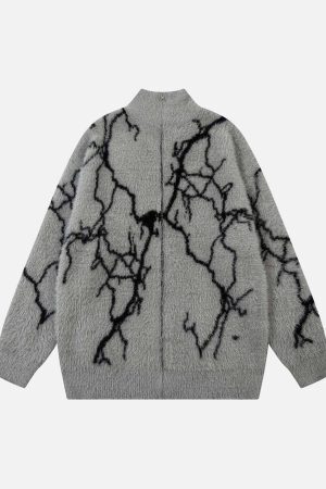 Concert Outfit Lightning Graphic Imitation Mink Fur Zip Up Sweater