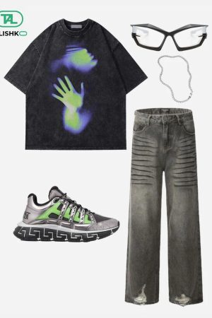 Concert Outfit Line Print Washed Loose Jeans