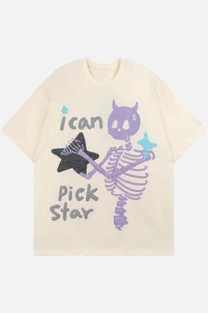 Concert Outfit Made Retro Skull Letter Foam T-Shirt