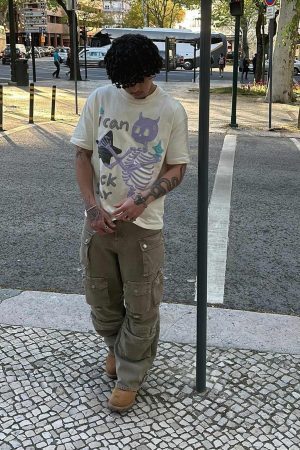 Concert Outfit Made Retro Skull Letter Foam T-Shirt