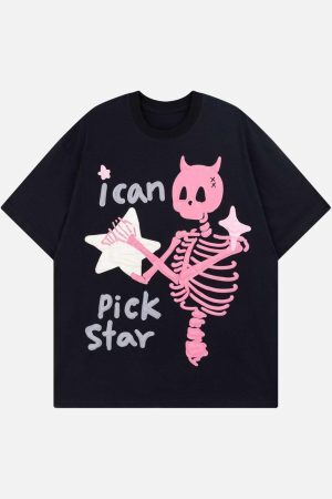 Concert Outfit Made Retro Skull Letter Foam T-Shirt