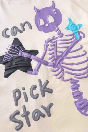 Concert Outfit Made Retro Skull Letter Foam T-Shirt