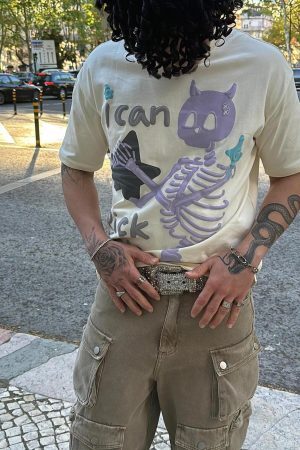 Concert Outfit Made Retro Skull Letter Foam T-Shirt