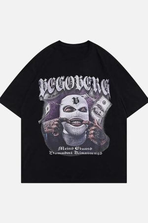 Concert Outfit Masked Gangster Portrait Printed T-Shirt