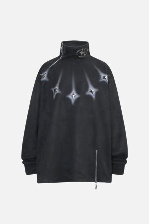 Concert Outfit Metal Button Multi Zipper Suede Fleece Sweatshirt