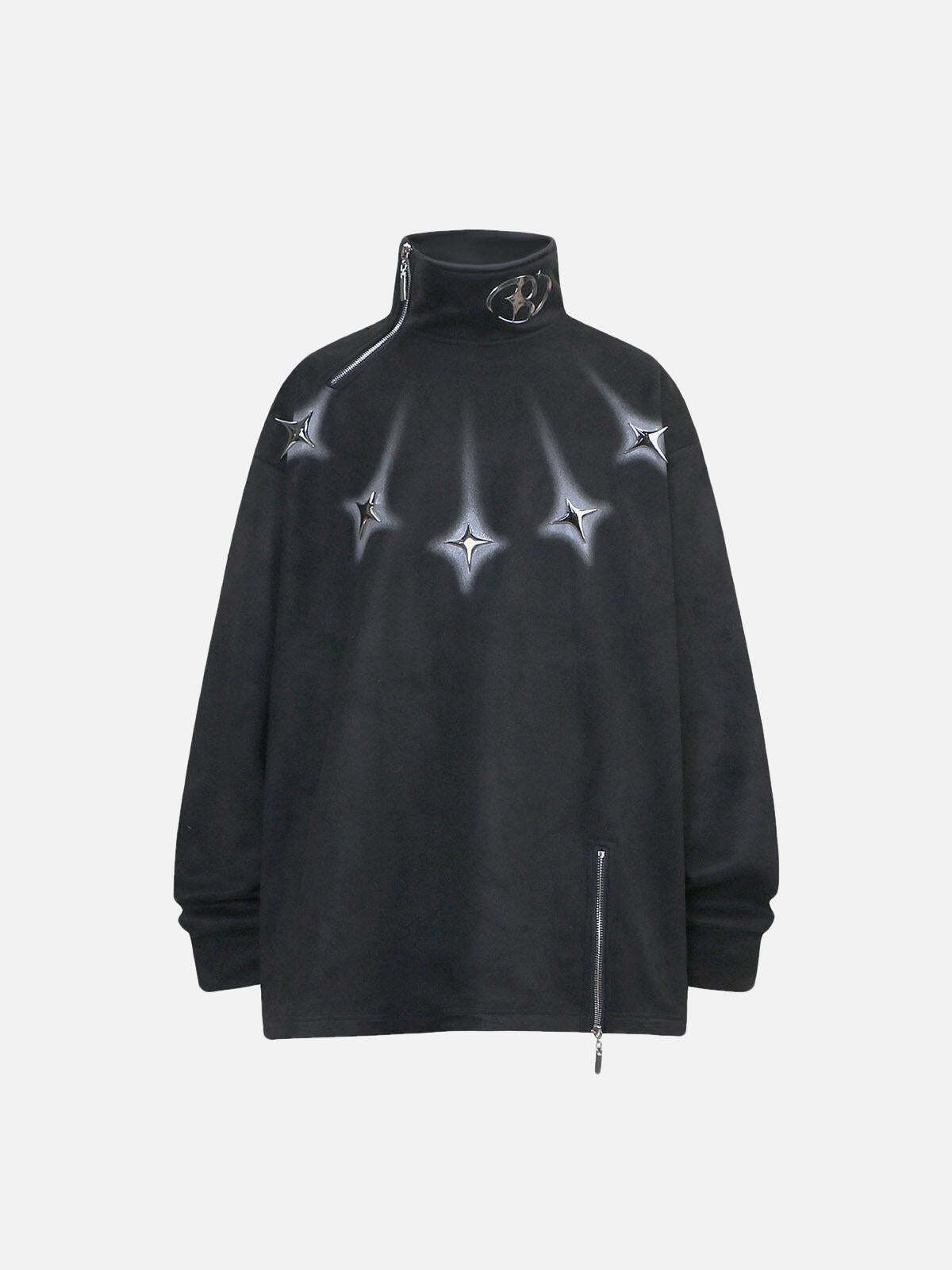 Concert Outfit Metal Button Multi Zipper Suede Fleece Sweatshirt Concert Outfit Metal Button Multi Zipper Suede Fleece Sweatshirt