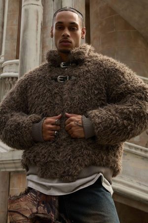 Concert Outfit Metal leather button Faux Fur Jacket