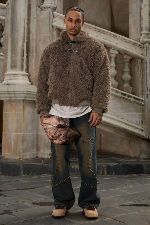 Concert Outfit Metal leather button Faux Fur Jacket