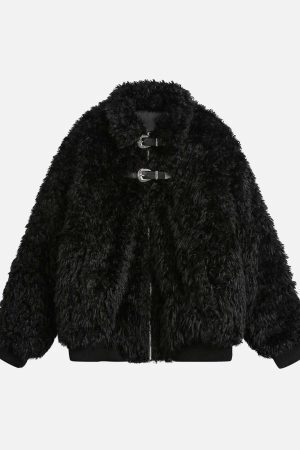 Concert Outfit Metal leather button Faux Fur Jacket