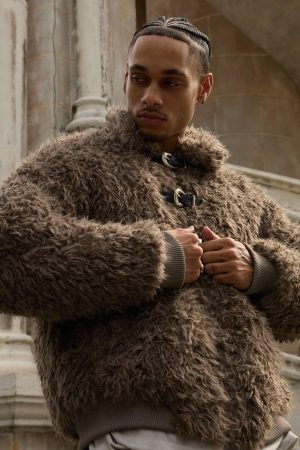 Concert Outfit Metal leather button Faux Fur Jacket