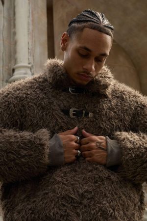 Concert Outfit Metal leather button Faux Fur Jacket